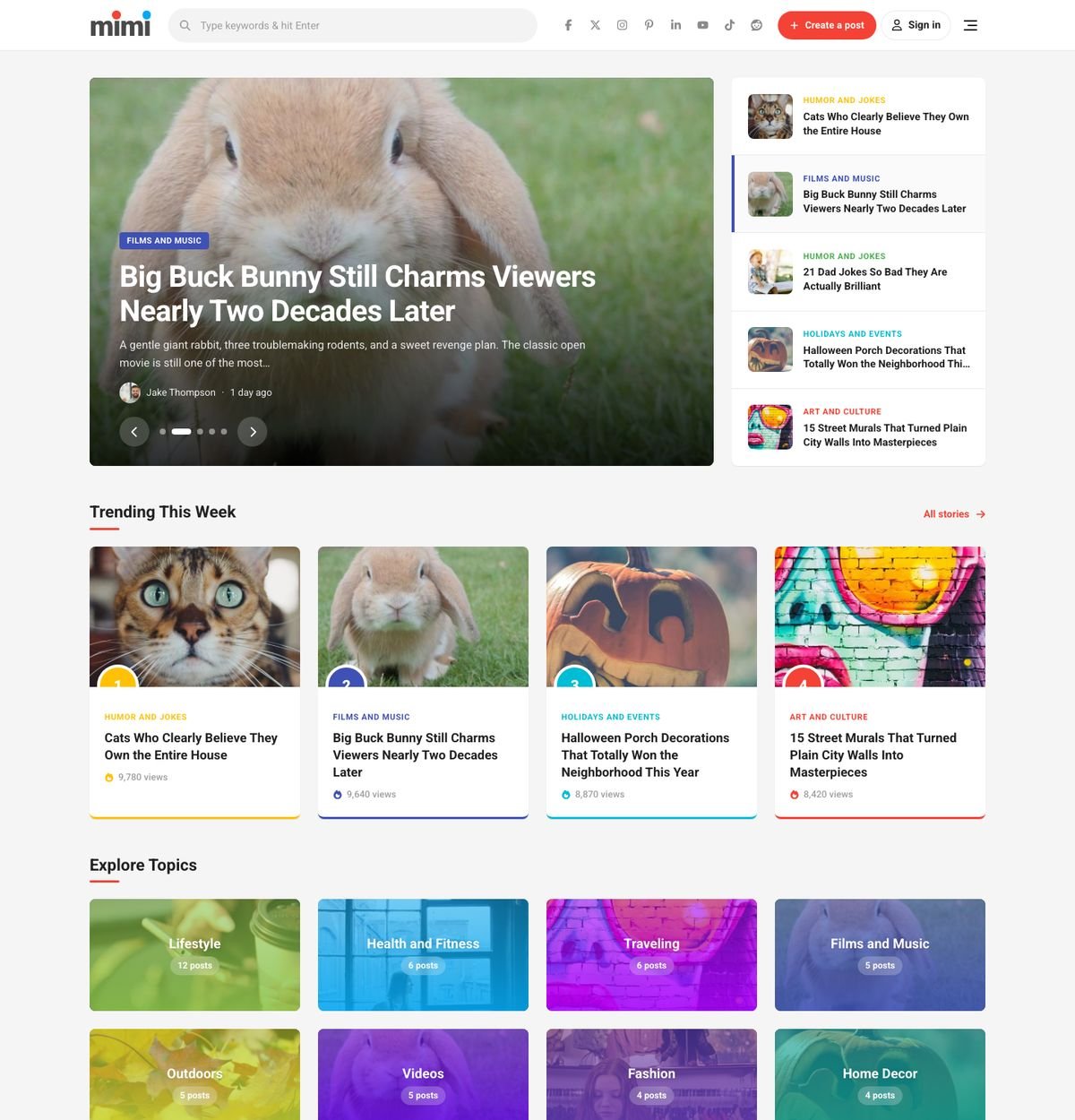 Magazine page built with the Mimi widgets